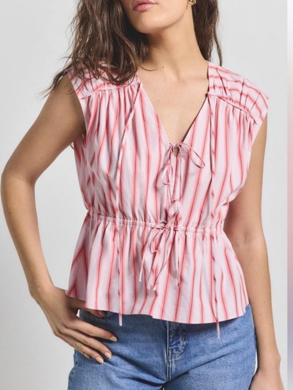 Derek Lam 10 Crosby Caroline White Red Stripe Double Tie Top